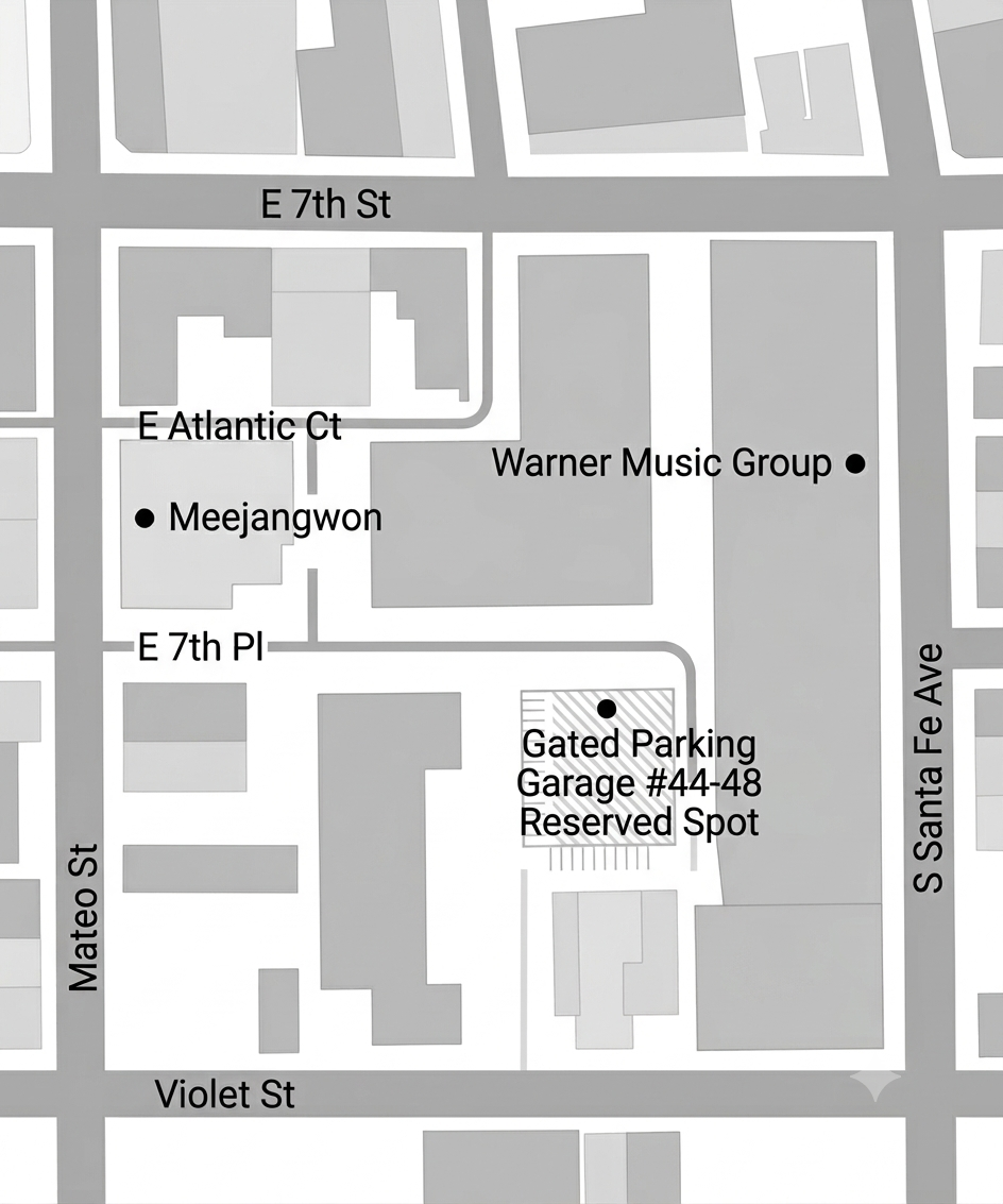 Map showing directions from Meejangwon to the gated parking garage on E 7th Pl